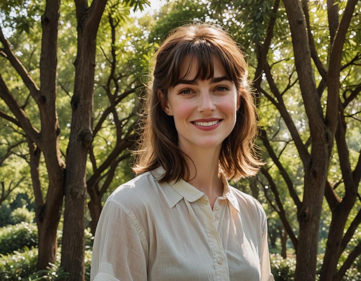 Portrait of Smiling Woman with Brown Hair and Bangs