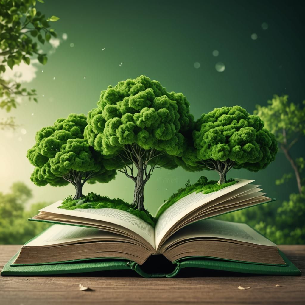 Green Trees Grow From Open Book: Surreal Photography