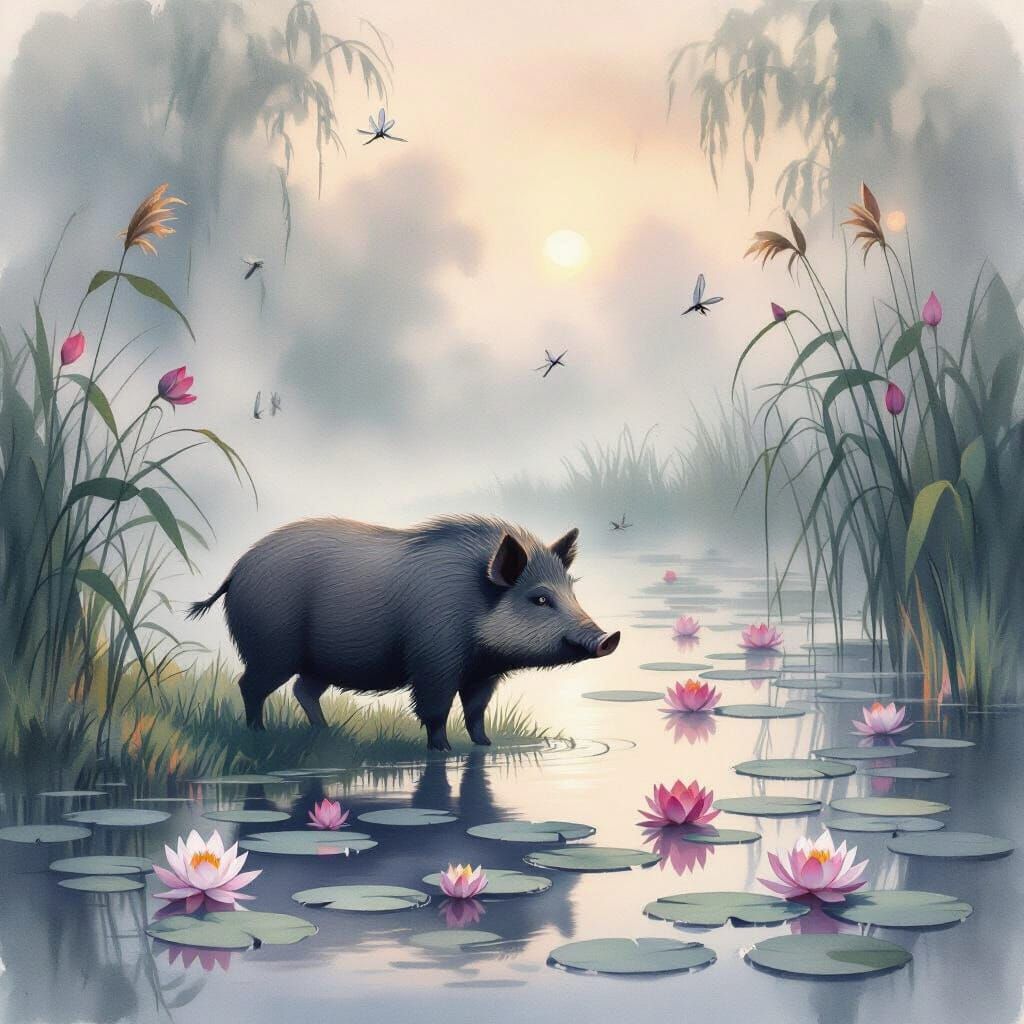 A serene lily pond at dawn, with heavy mist rising from the ...