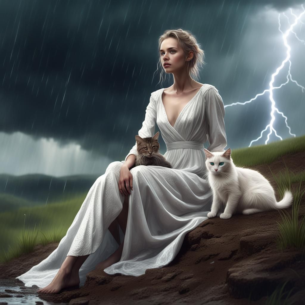 Girl in White Gown During Storm as Fantasy Art