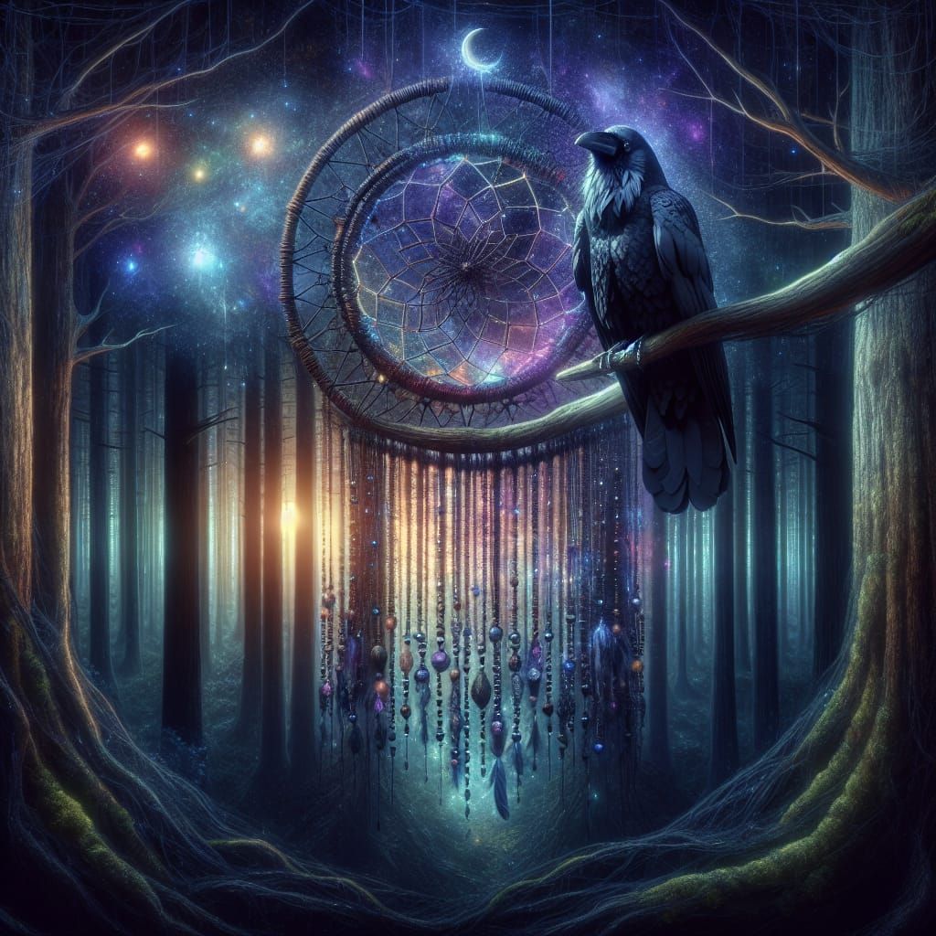 Mystical Crow on Dreamcatcher in Twilight Forest