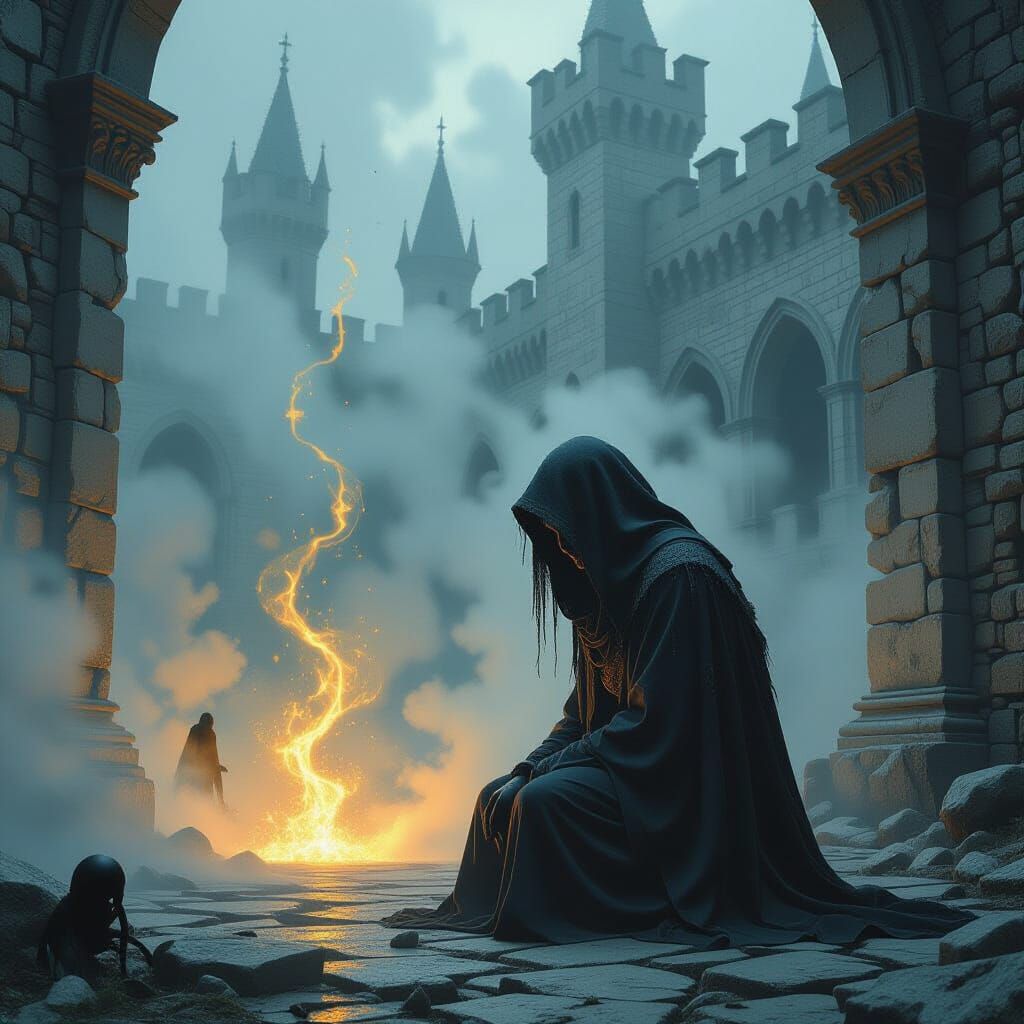 Gothic Horror Figure in Haunted Castle Courtyard