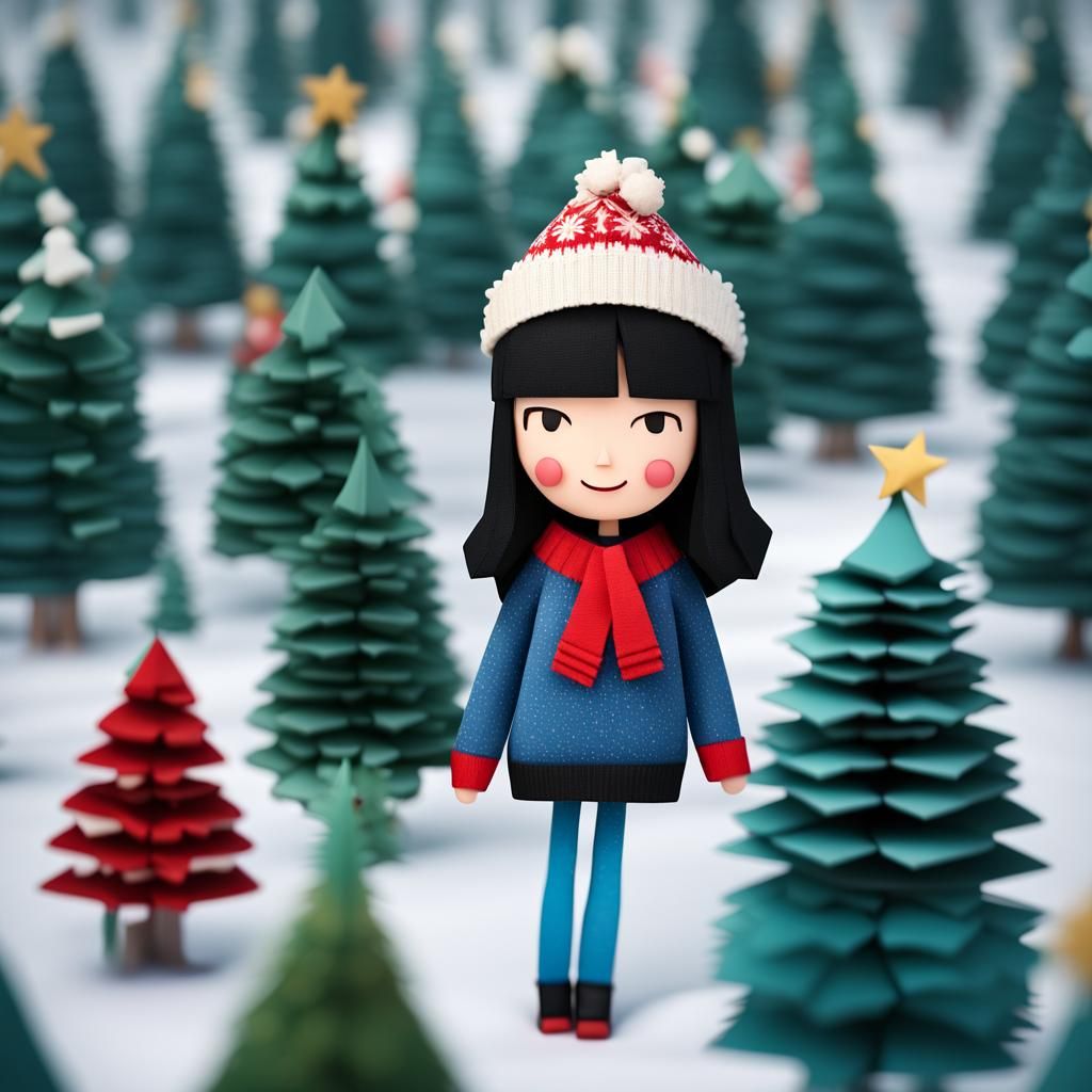 Asian Woman in Christmas Forest, Origami Style