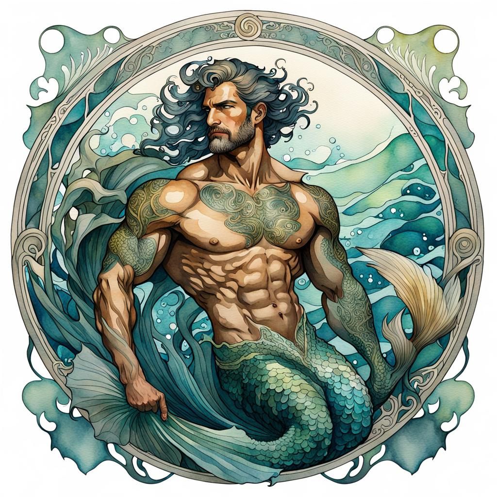 Detailed Merman Watercolour in Art Nouveau Style