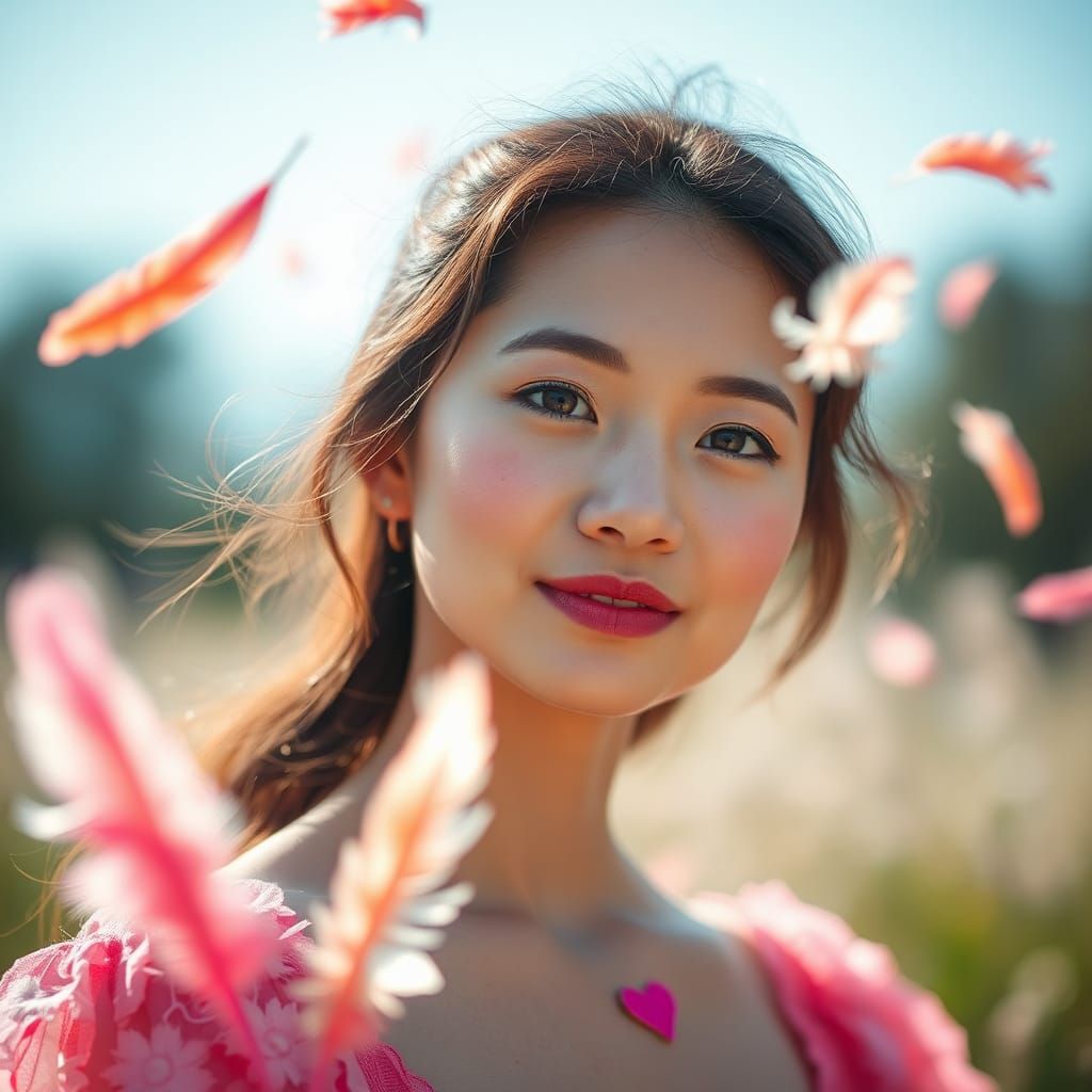 Dreamy Portrait of a Young Woman with Feathers