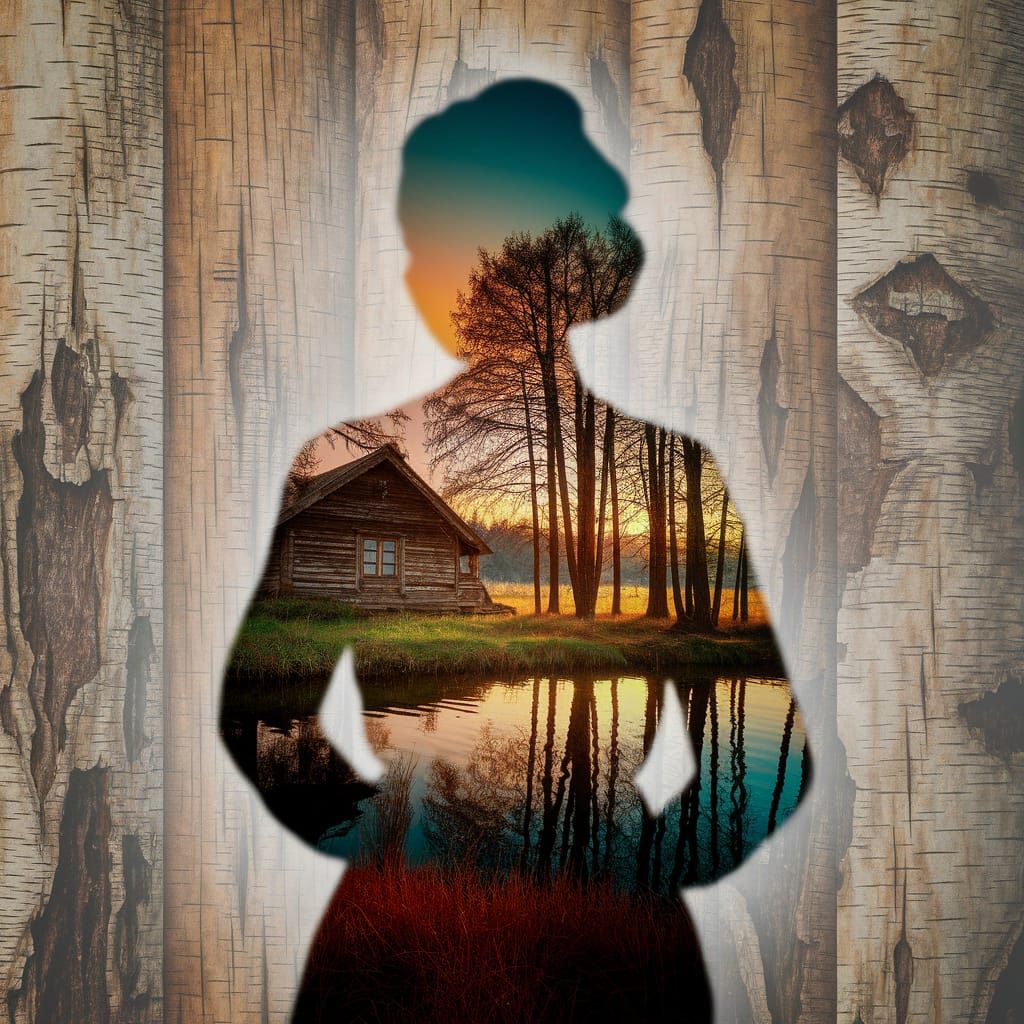 Lithuanian Woman in Forest: Double Exposure Art