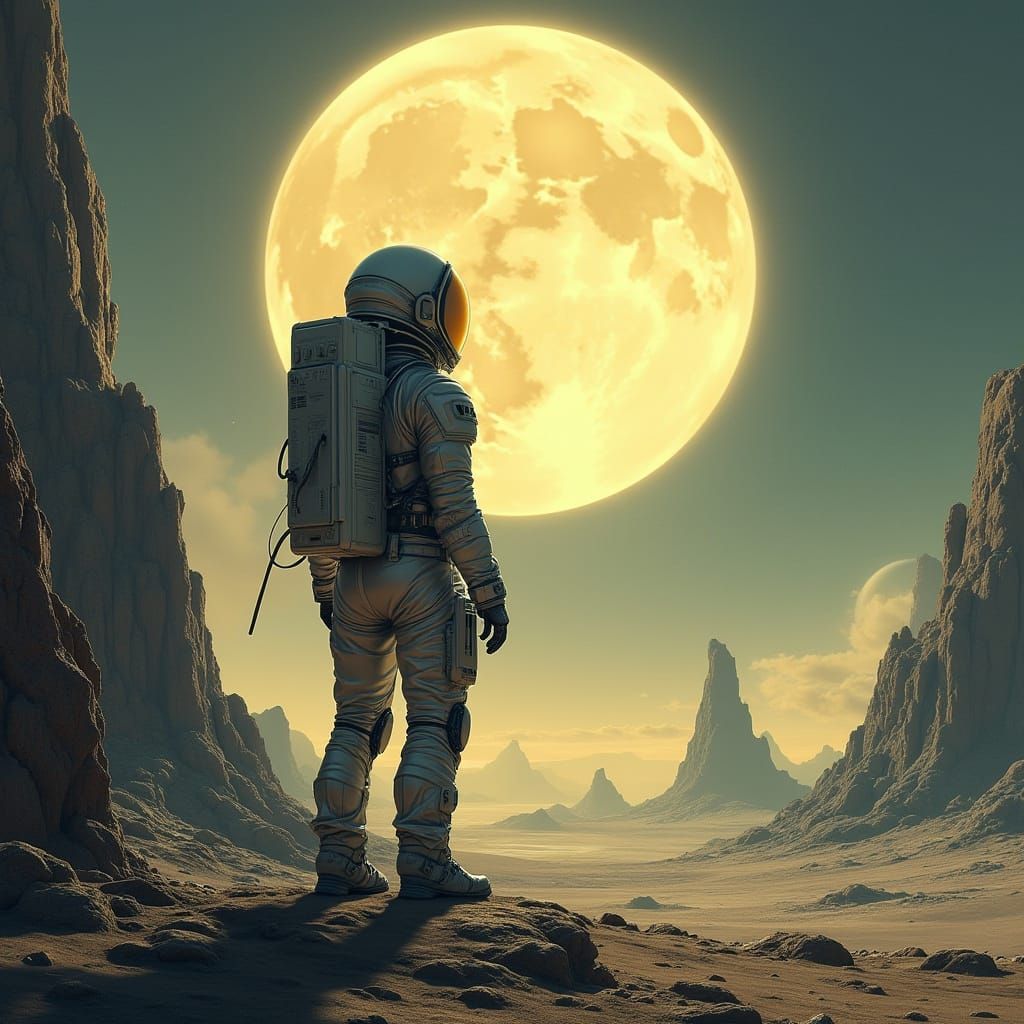 Astronaut on Alien Planet Gazing at Moon