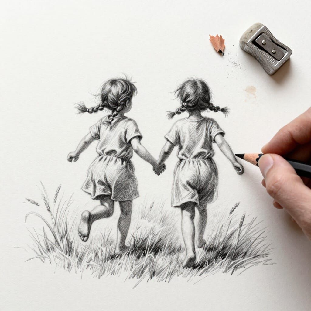 Graphite Sketch of Children Running in Meadow