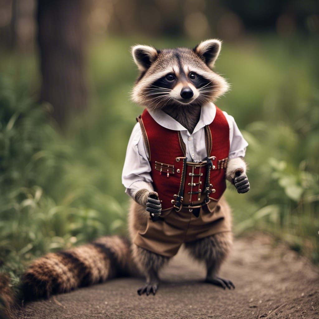 Raccoon in Lederhosen: A German Outfit Photo