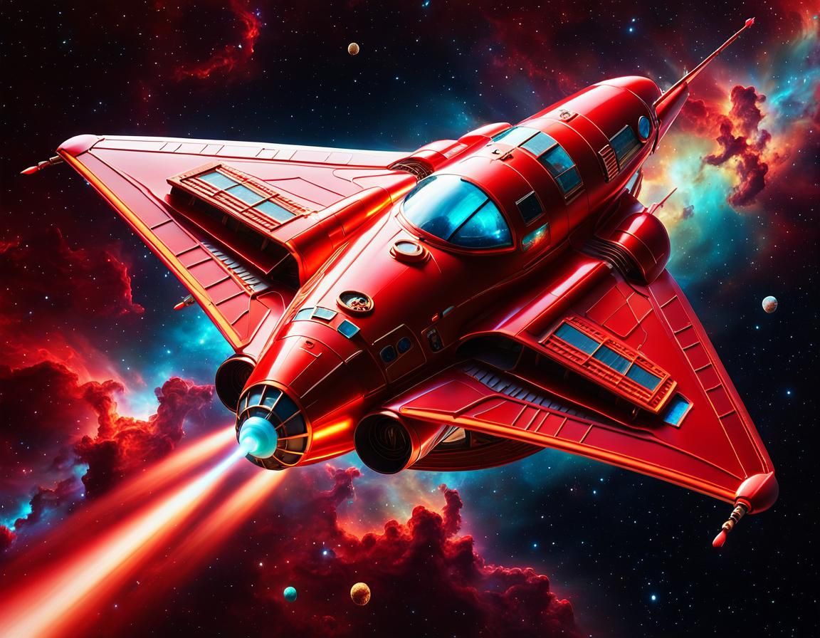 Bronze Spaceship Soaring Through Nebula in Candy Art Style