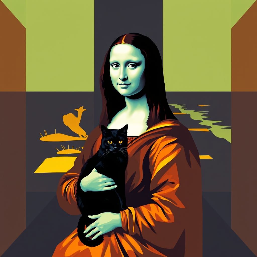 Mona Lisa with Black Cat in Pop Art Style