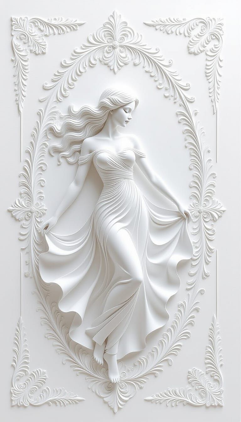 Ethereal White on White Graphic Artwork of Dancing Nymph