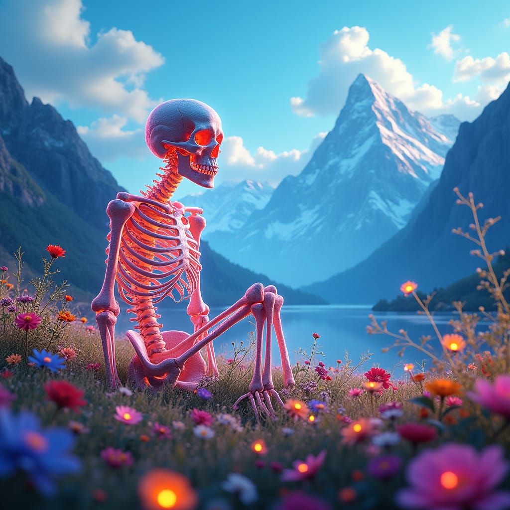 Glowing Skeleton in Iridescent Mountain Meadow