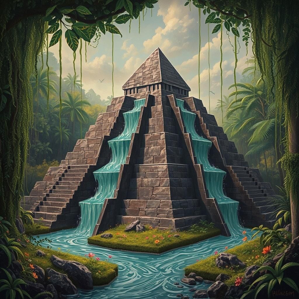 Jungle Pyramid Waterfall in Acrylic Style