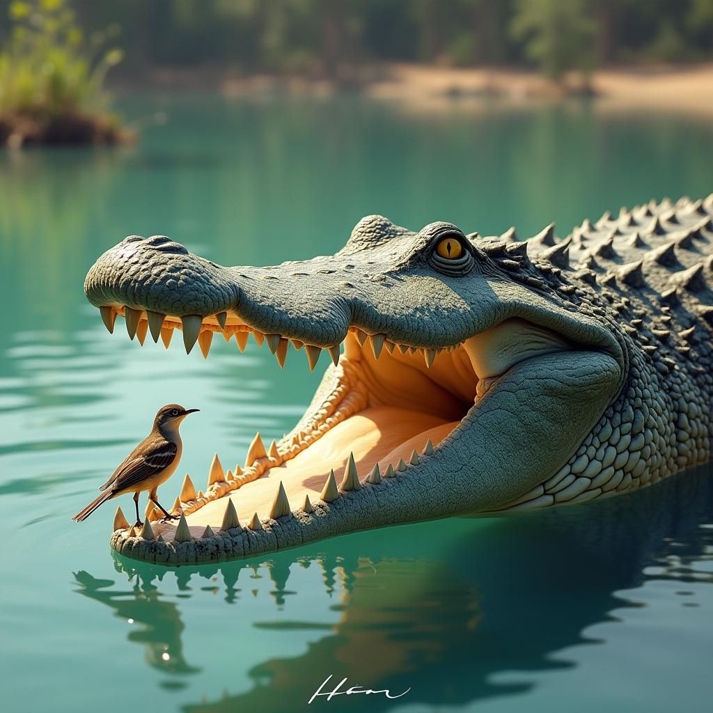 Crocodile and Bird in Serene Lake Setting