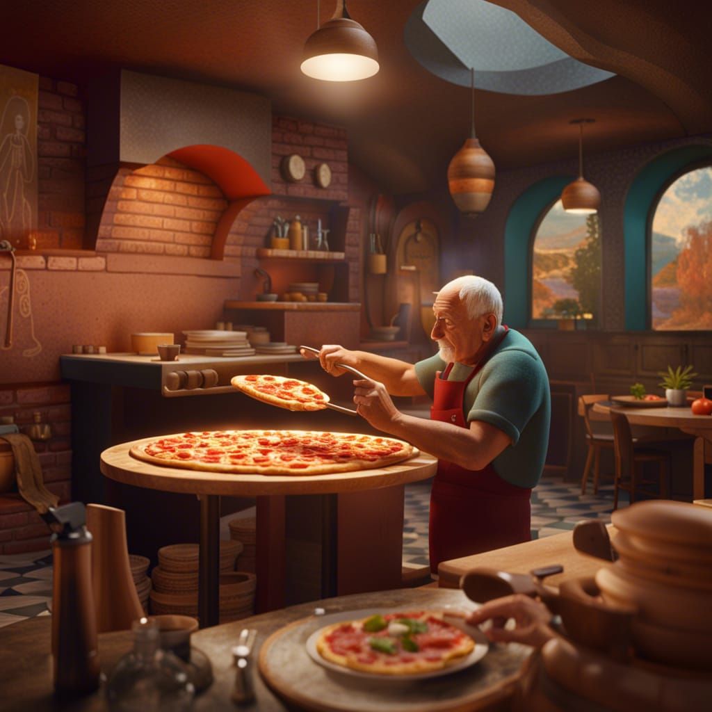 Pablo Picasso is making pizza at pizza shop