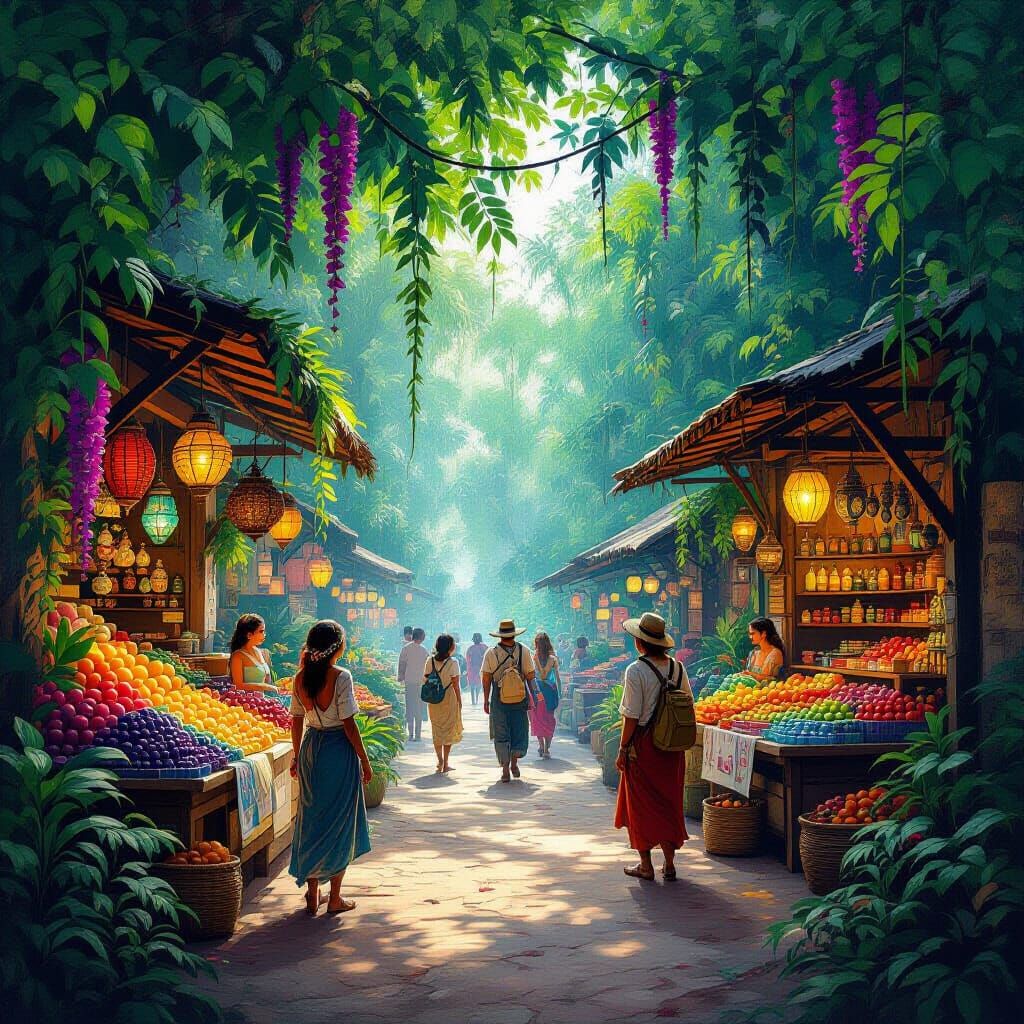 Jungle City Marketplace with Exotic Goods and Diverse People