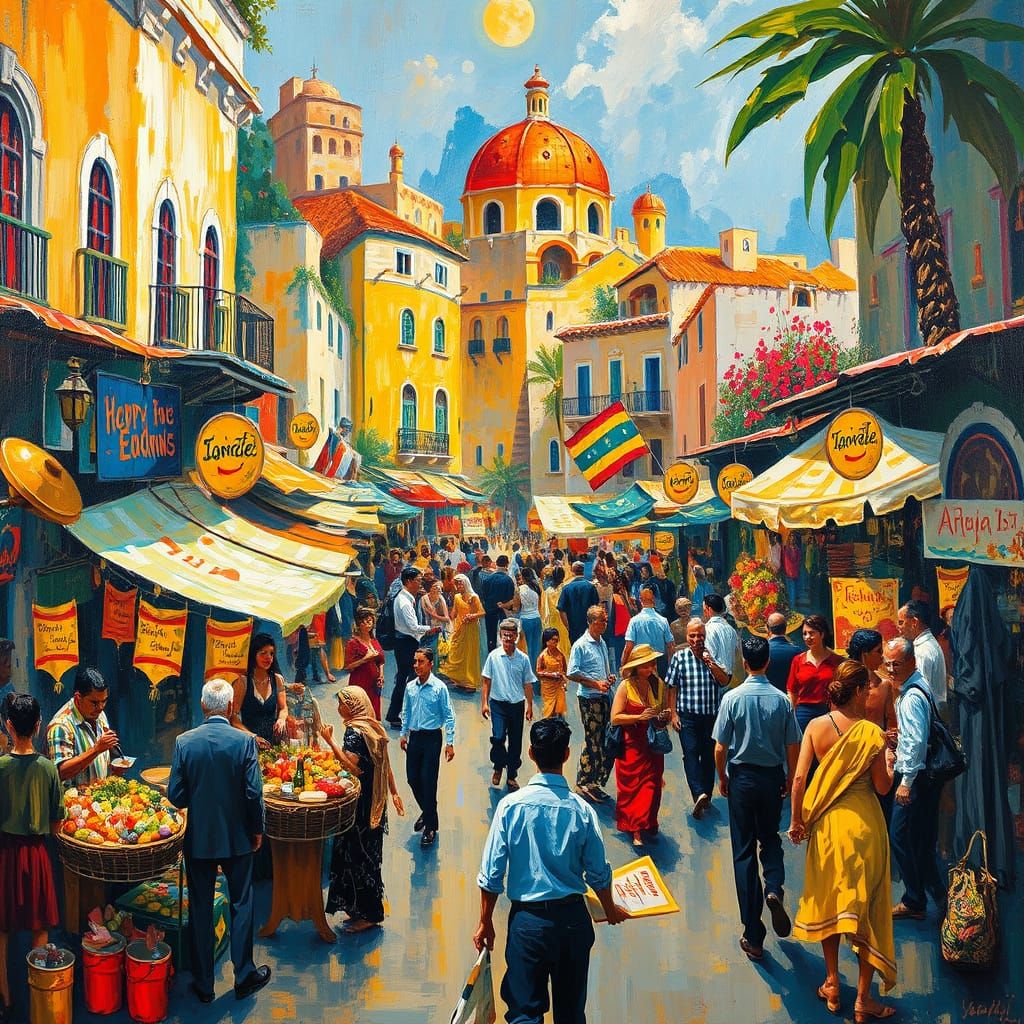 Vibrant Marketplace Scene in Impressionistic Style