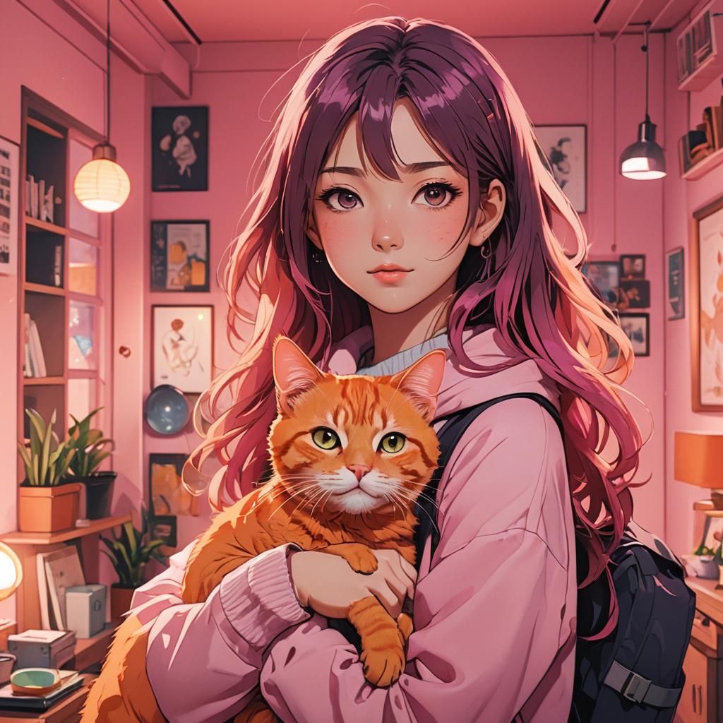 Anime Girl with Ginger Cat in Manga Style