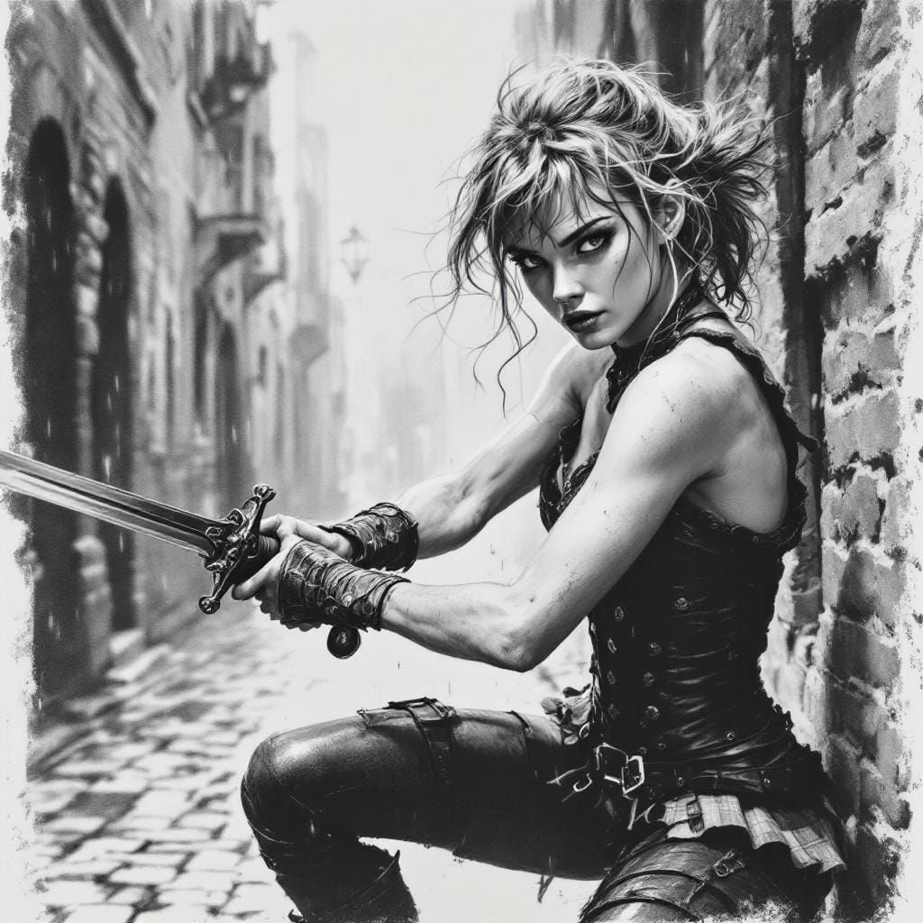 Alice Layne: Charcoal Illustration of a Woman with Rapier