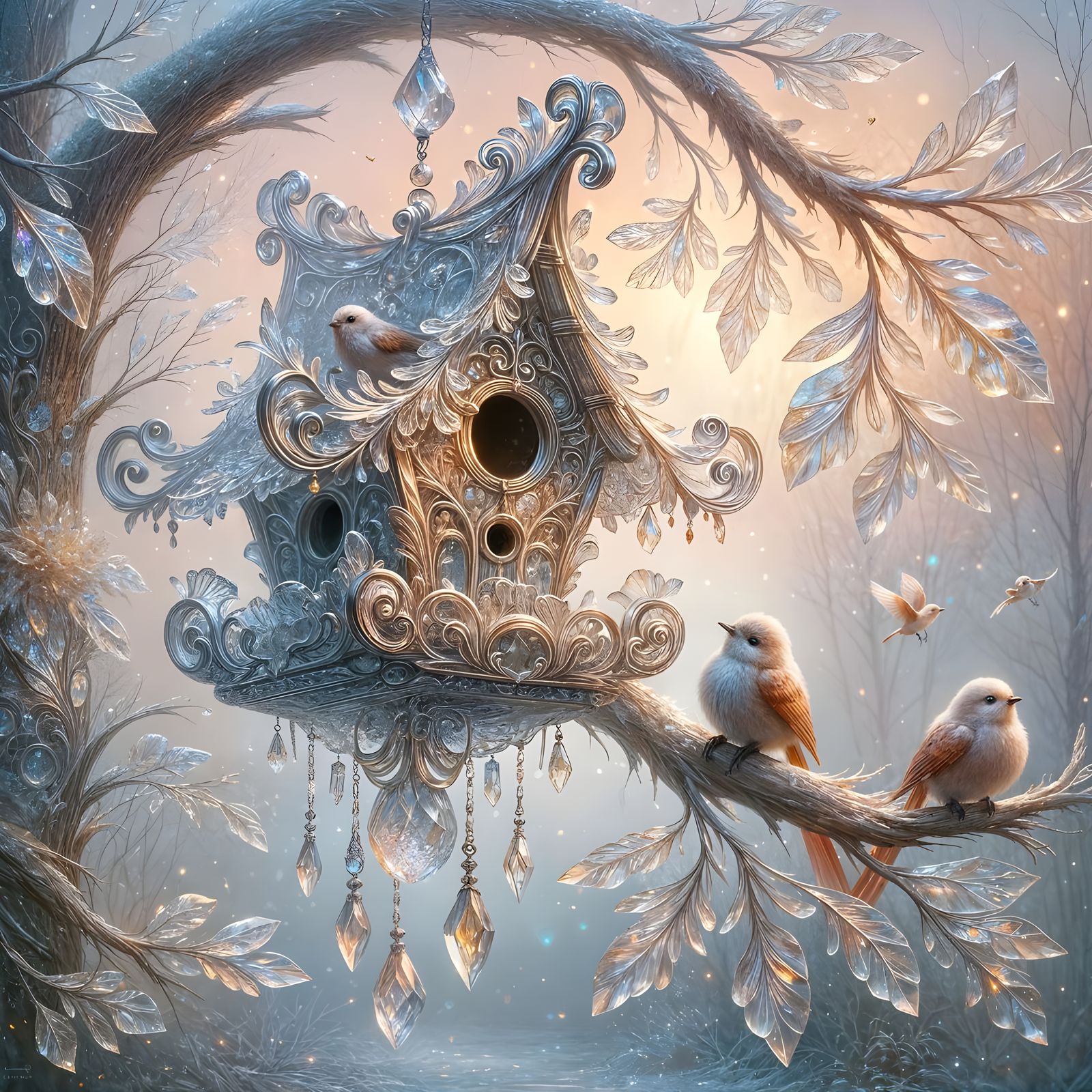 Crystal Birdhouse in Magical Christmas Forest