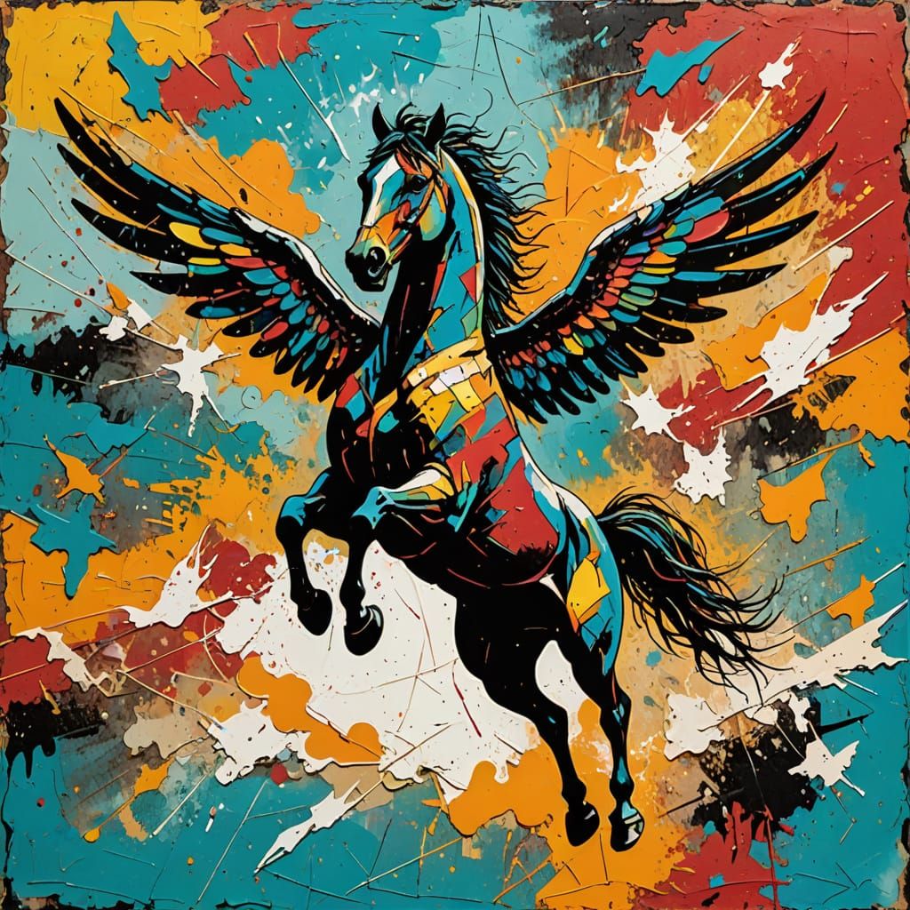 Mythical Pegasus Soars in Abstract Expressionist Sky
