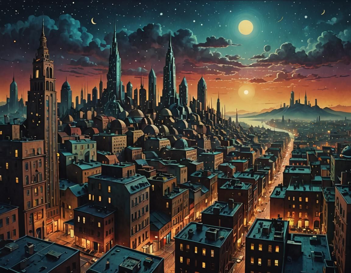 Surreal Retrofuturistic Cityscape at Night in Dreamlike Styl...