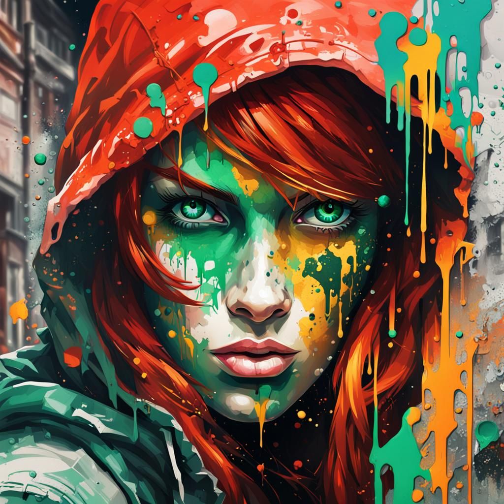 Redhead Assassin with Emerald Eyes as Graffiti Art