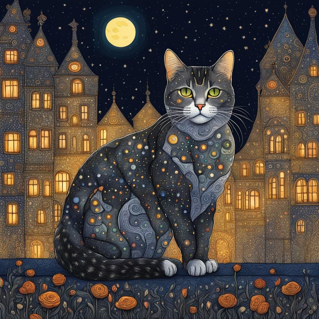 Charming Cat in Night: Klimt-Style Pen and Ink
