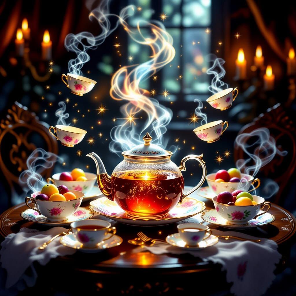 Ethereal Enchanted Feast Painting with Glowing Food