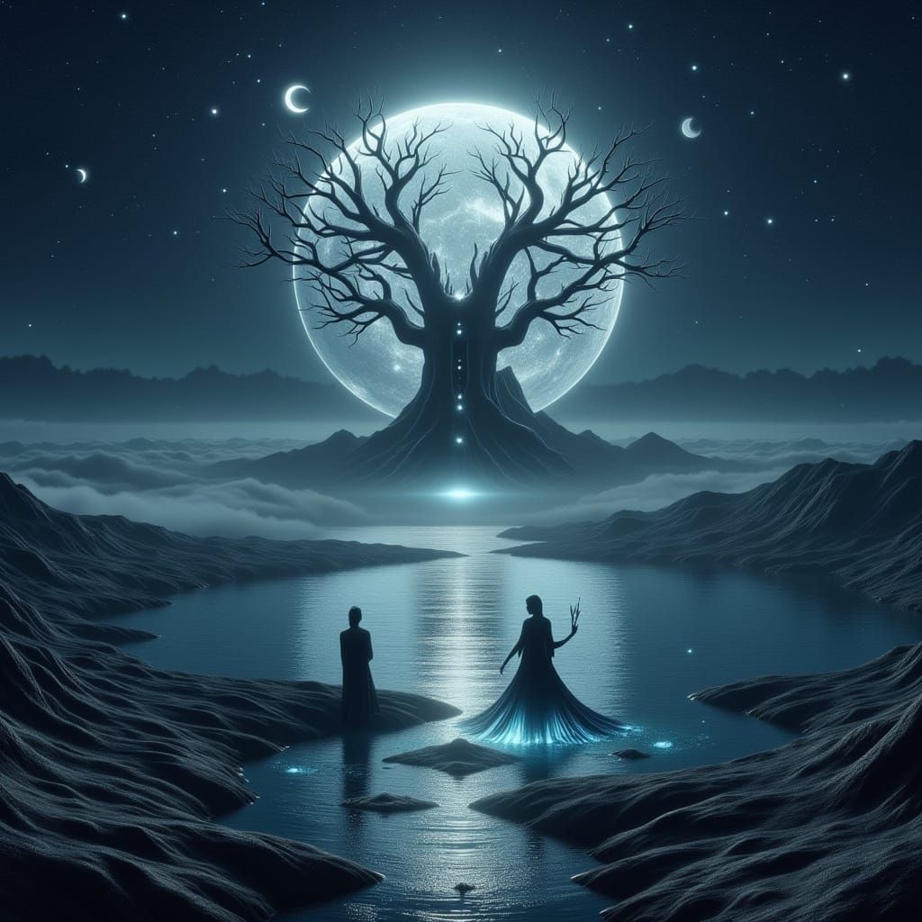 Celestial Ritual Under Silver Moon in Dark Fantasy Style