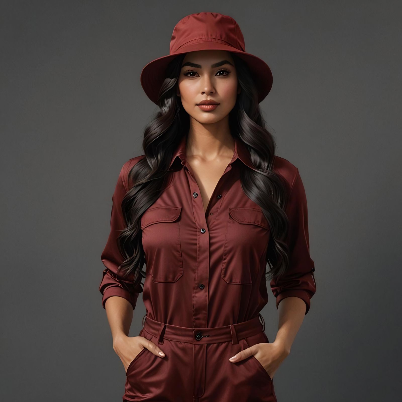 Latin Woman in Red Jumpsuit, Hyperrealistic Digital Art