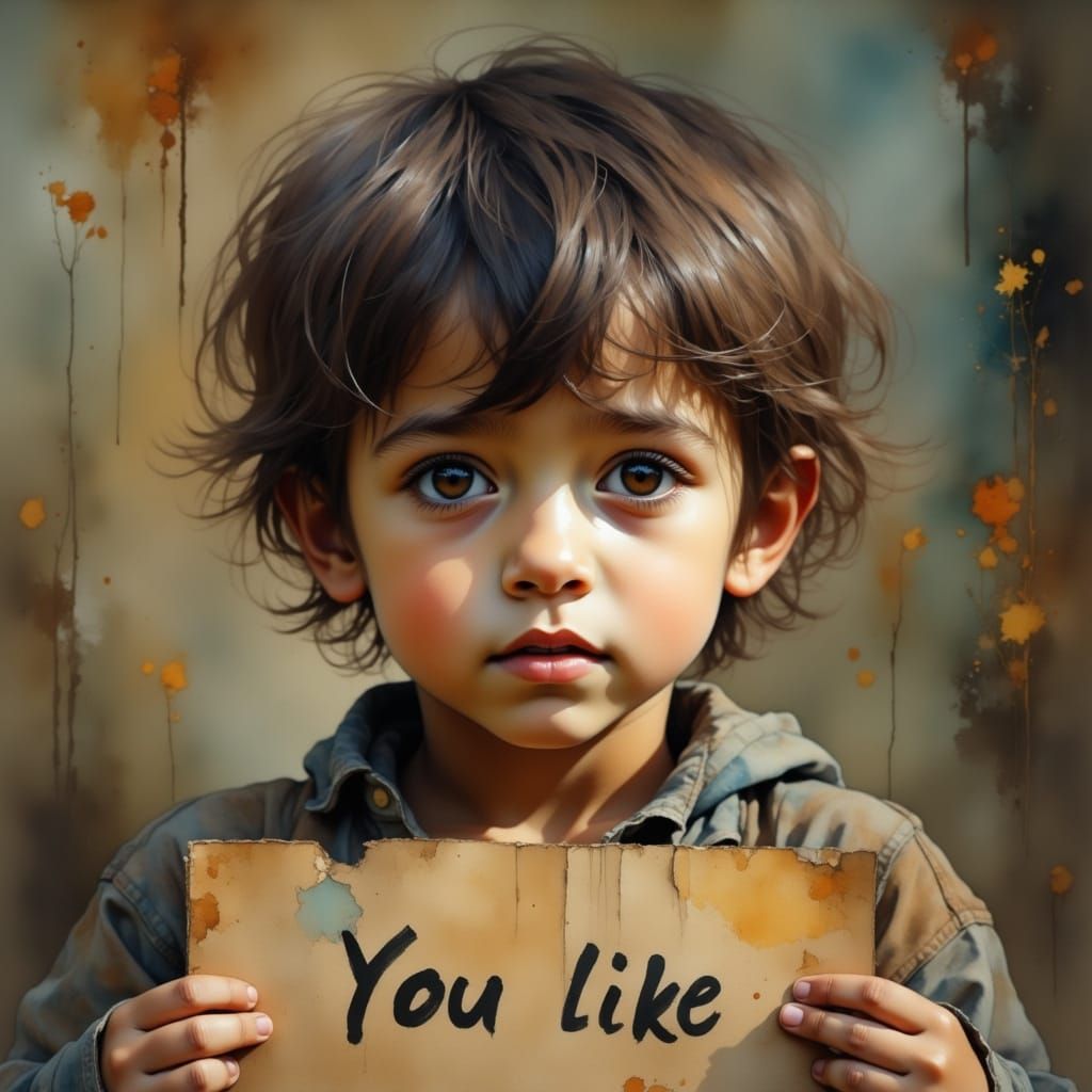 Vulnerable Boy with Pleading Eyes in Painterly Style