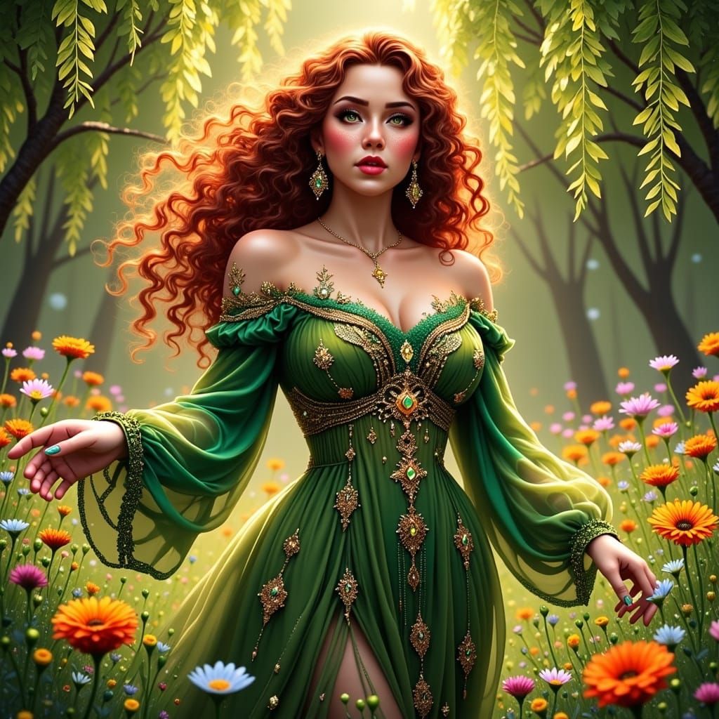 Gentle Earth Goddess in a Vibrant Meadow Landscape