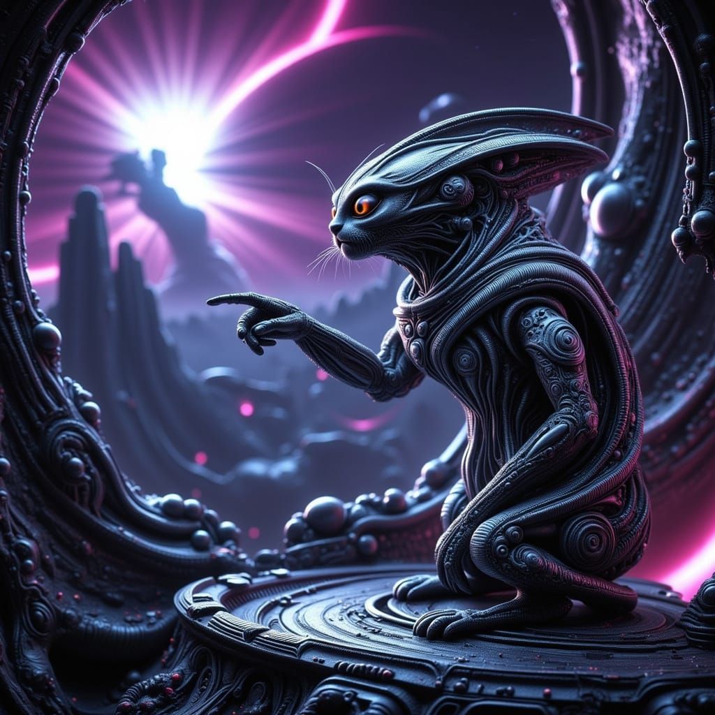 Alien Cat on Space Station Deck in Biopunk Style