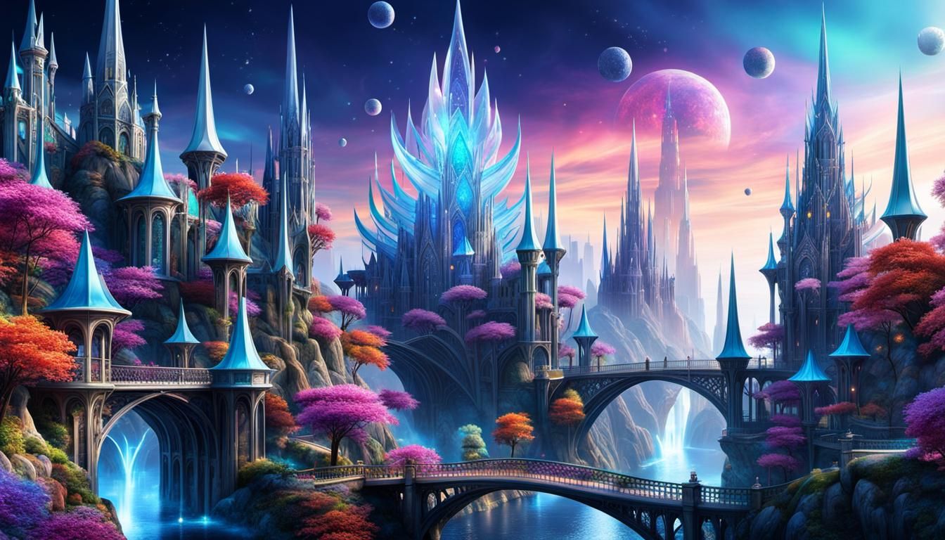 Fantasy Crystal City with Swirling Spires in 3D