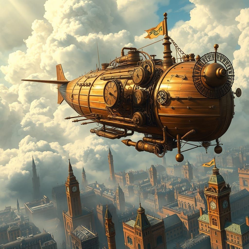 Ethereal Steampunk Airship Soars Through Turbulent Victorian...