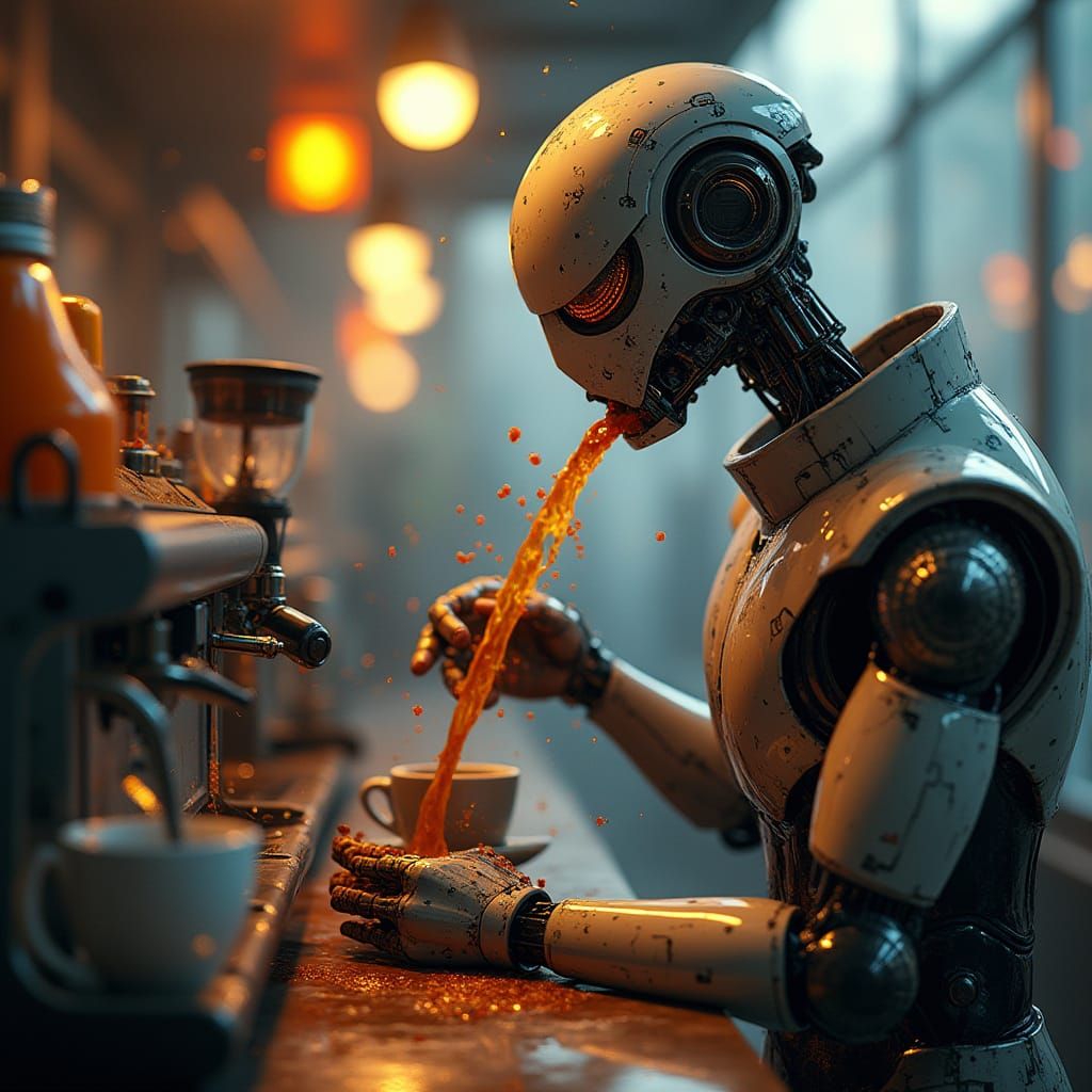 Robot Barista Spills Coffee: Futuristic Digital Art