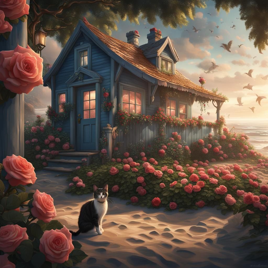 Beach Cottage with Cats and Roses: Matte Painting
