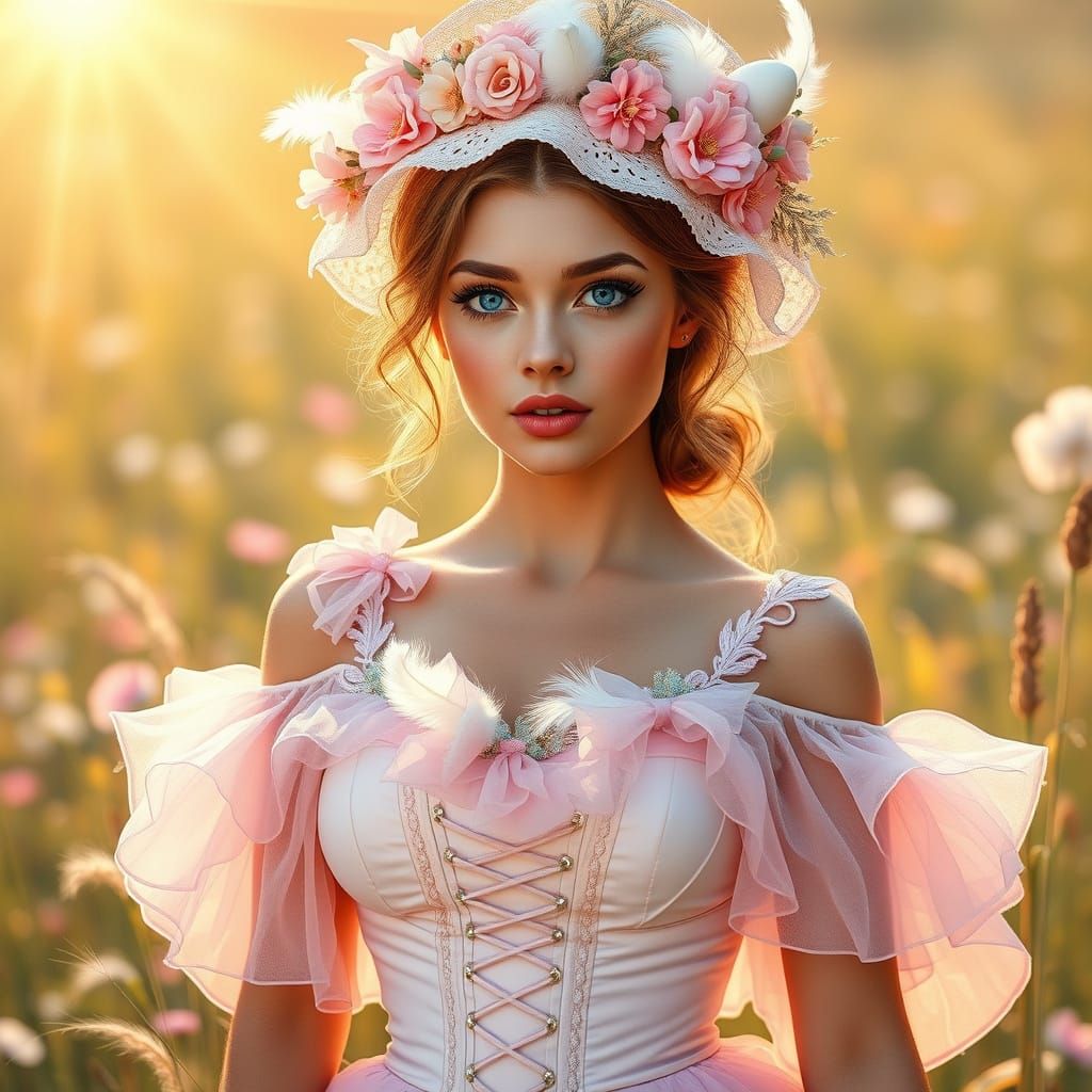 Elegant Young Woman in Pastel Easter Bonnet and Dress, Art N...