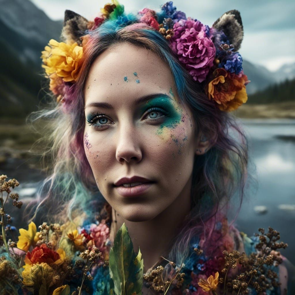 Hyperrealistic Portrait with Tiger Ears and Rainbow Elements