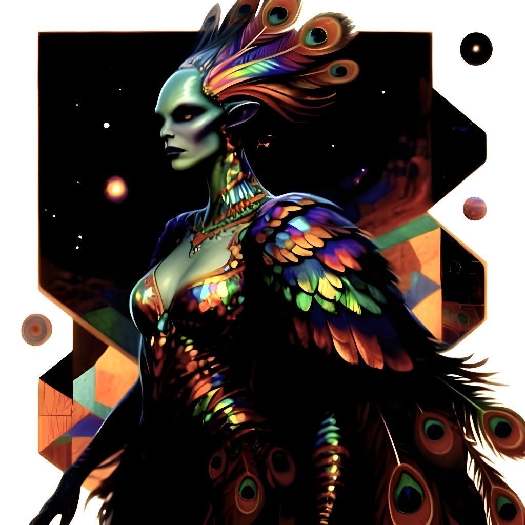 Feathered Alien Female Cosmic Illustration in Cubist Style