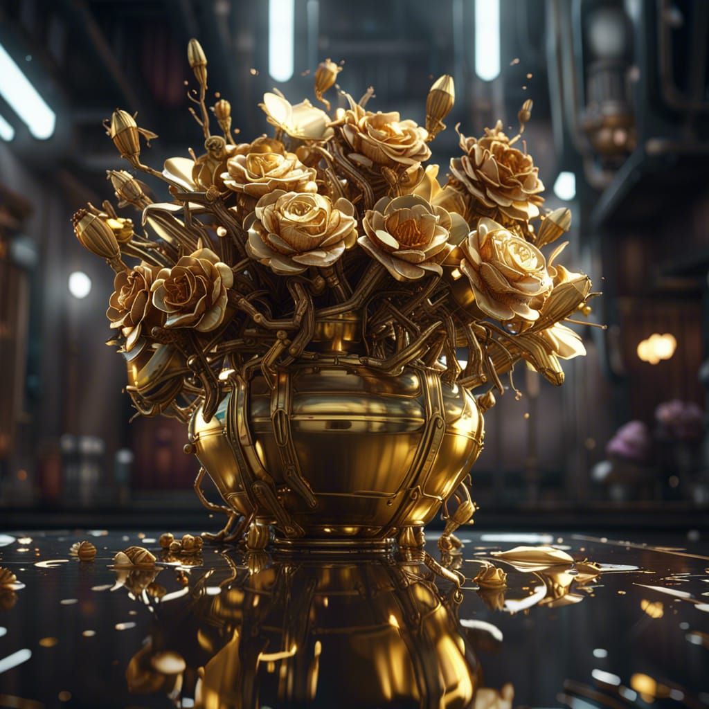 Futuristic Steel Magnolias in Golden Vase