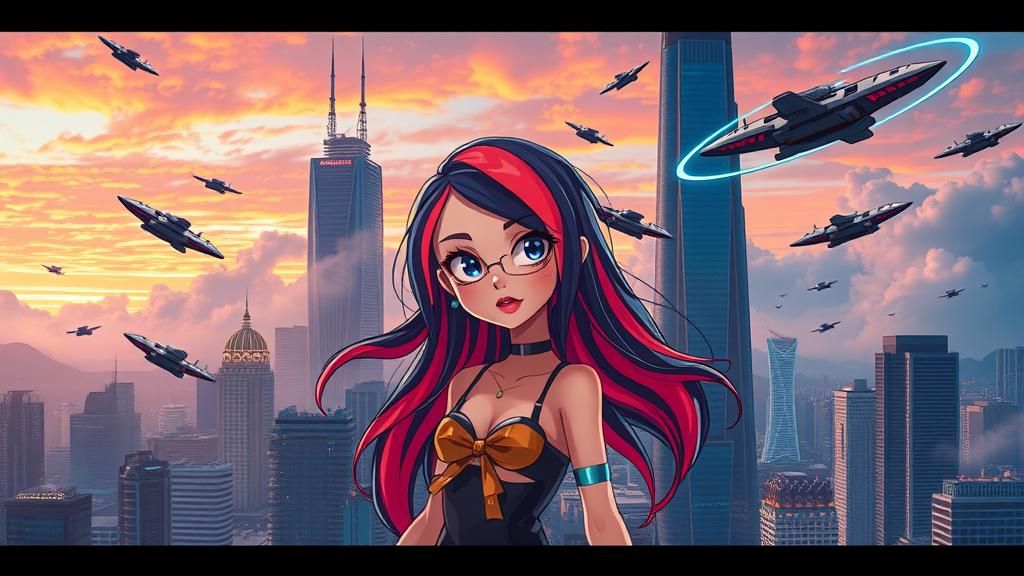 Cartoon Girl in Futuristic Cityscape: 3D Game Cinematic