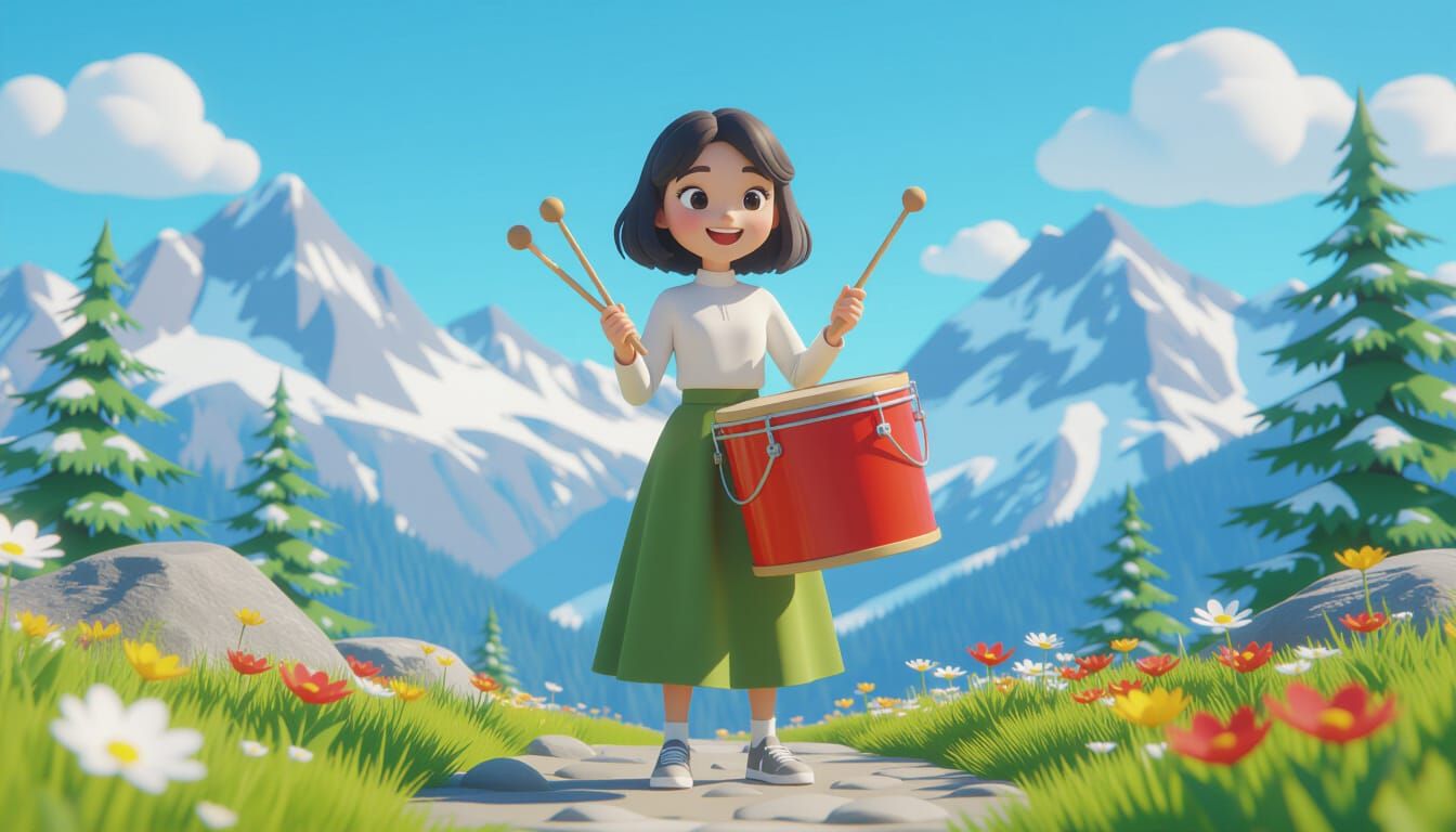 Girl Drumming on Giant Paint Bucket in 3D Cartoon Style