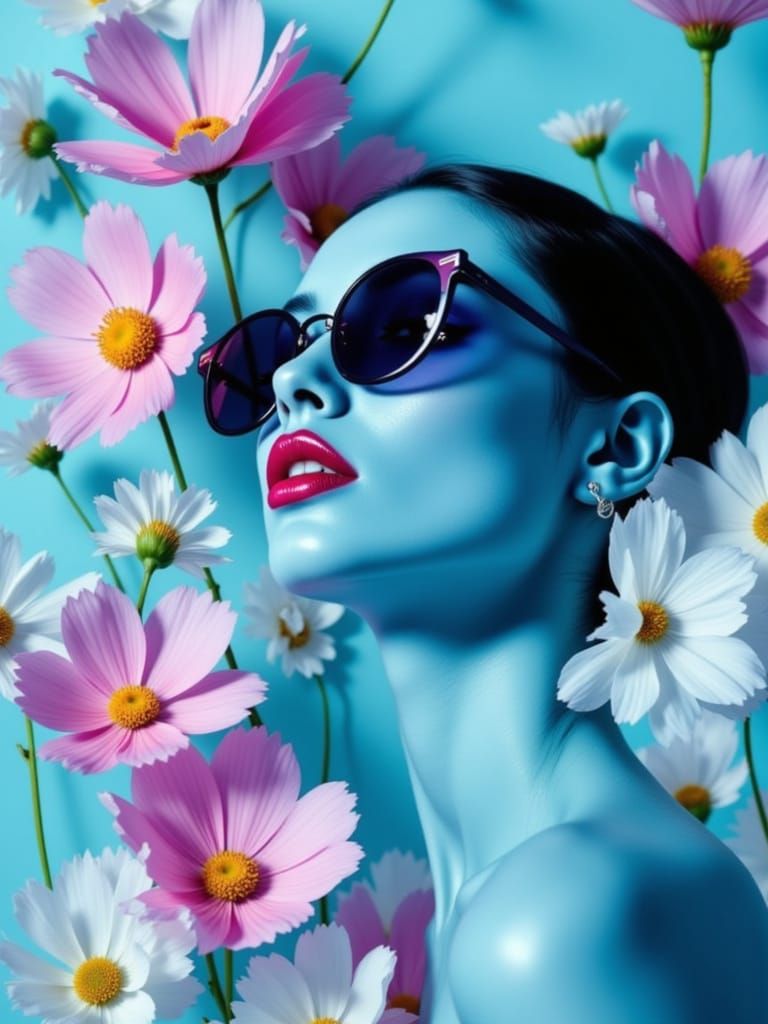 Cyan Woman with Floral Reflections in Pop Art