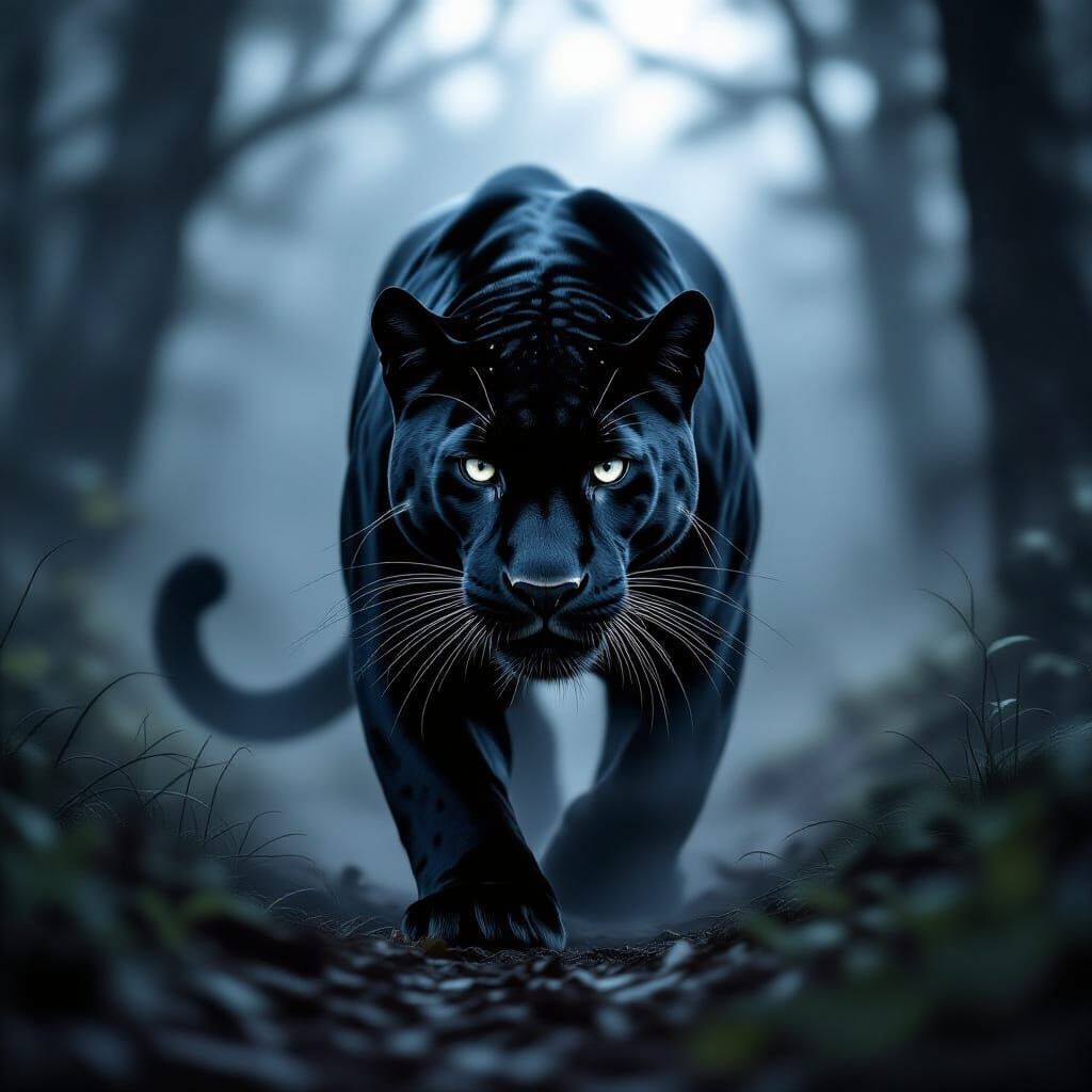 Black Panther Emerges from Misty Forest, in Photographic Sty...