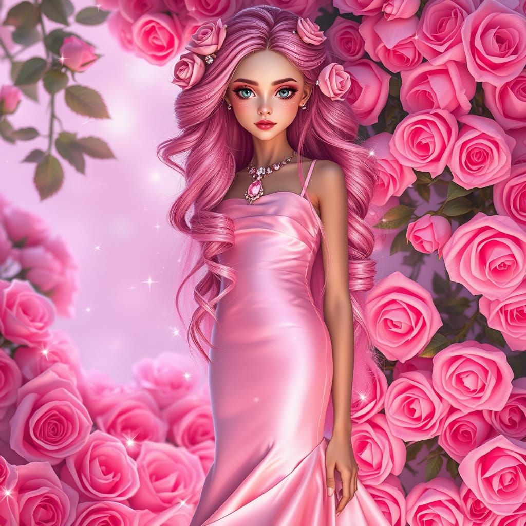 Ethereal Goddess in Pink Hues, with Intricate Roses and Diam...