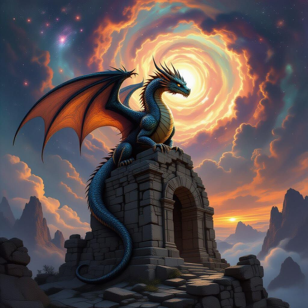 Majestic Dragon on Ruin Under Cosmic Sky