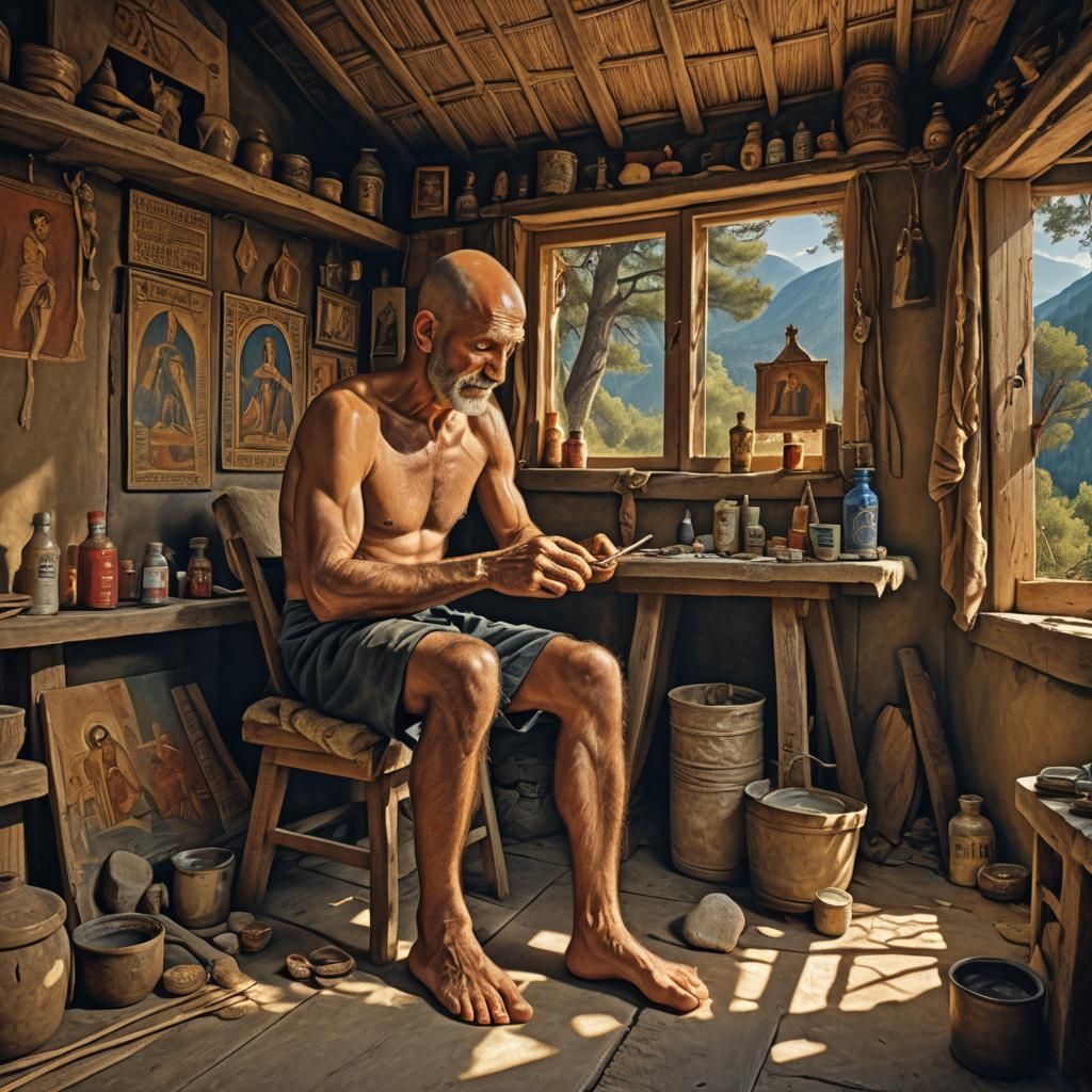 Hermit Painting a Greek Icon in Forest Hut
